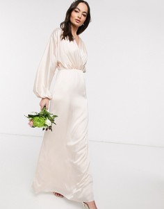 Светло-бежевое атласное платье макси с длинными рукавами TFNC bridesmaid-Кремовый