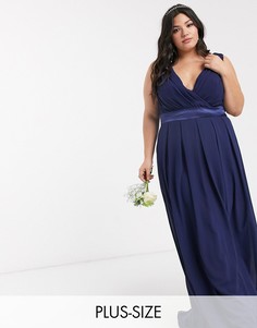 Темно-синее платье макси для подружки невесты с запахом и атласным бантом на спине TFNC Plus-Синий