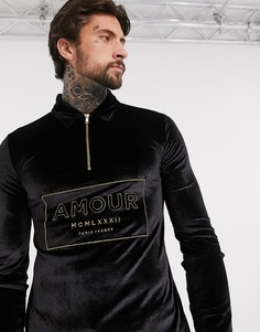Велюровый свитшот с воротом на молнии и вышивкой ASOS DESIGN-Черный