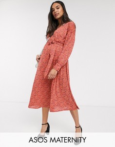 Красное платье миди с запахом и цветочным принтом ASOS DESIGN Maternity-Мульти