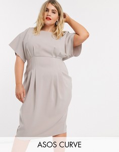 Серое платье-футляр миди со складками в талии ASOS DESIGN Curve-Серый