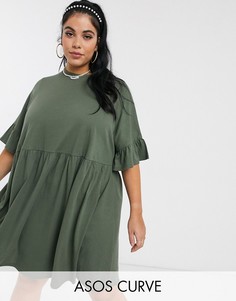 Свободное платье цвета хаки с рукавами-оборками ASOS DESIGN Curve-Зеленый