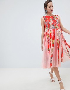 Приталенное платье миди со свободной юбкой и сетчатыми вставками ASOS Maternity-Мульти