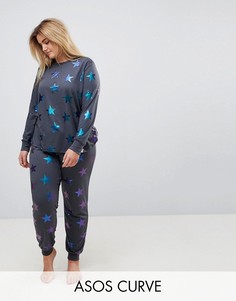 Джоггеры с голографическим принтом звезд ASOS CURVE LOUNGE-Серый