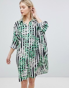 Платье-рубашка в полоску с лиственным принтом QED London-Мульти