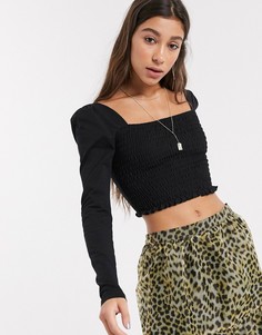 Черный кроп-топ с длинными рукавами и сборками Topshop