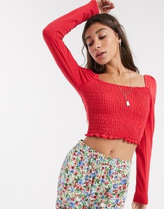 Красный кроп-топ с длинными рукавами и сборками Topshop