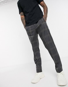 Серые суженные брюки в клетку с эластичным поясом Selected Homme-Серый