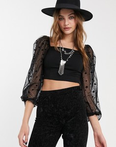 Черный топ с сетчатыми рукавами в звездочку Topshop