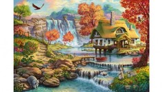 Холст с красками "Рисование по номерам. Домик у водопада", 40x50 см Рыжий кот