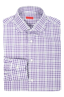 Хлопковая рубашка с узором в фиолетовую клетку Isaia