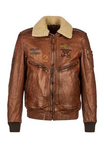 Утепленная кожаная куртка-бомбер коричневого цвета Aeronautica Militare