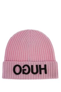 Розовая шерстяная шапка с логотипом бренда Hugo Boss