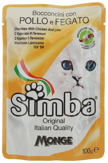 Влажный корм для кошек Simba Cat Pouch, Курица с печенью, 24шт по 100г