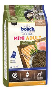 Сухой корм для собак Bosch Mini Adult, для мелких пород, домашняя птица и просо, 1кг