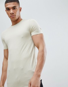 Длинная обтягивающая футболка бежевого цвета в рубчик ASOS DESIGN-Бежевый
