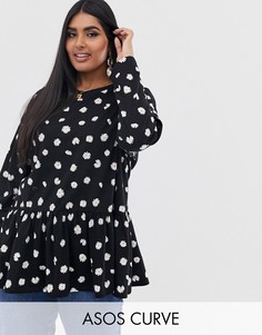 Свободный топ с длинными рукавами и мелким цветочным принтом ASOS DESIGN Curve-Черный