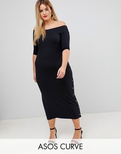 Платье макси с открытыми плечами и кнопками ASOS CURVE-Черный