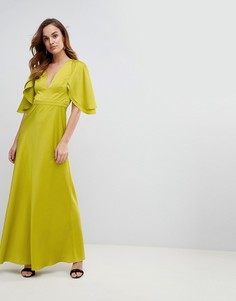 Атласное платье макси с расклешеннмыи рукавами ASOS DESIGN-Зеленый