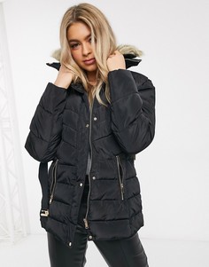 Дутое пальто с поясом и искусственным мехом на капюшоне AX Paris-Черный