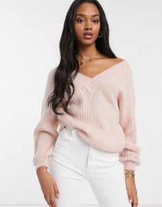 Пушистый oversized-джемпер с V-образным вырезом ASOS DESIGN-Розовый