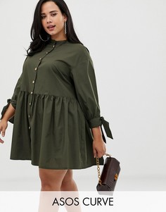Свободное платье мини на пуговицах с завязками на рукавах ASOS DESIGN Curve-Зеленый