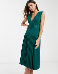 Платье миди с глубоким вырезом, складками и поясом ASOS DESIGN-Мульти