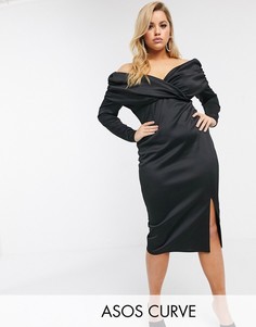 Платье миди со спущенными плечами и сборками ASOS DESIGN Curve-Зеленый