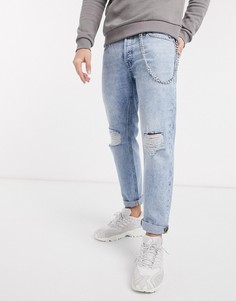 Комфортные мраморные джинсы с рваной отделкой и цепочкой Jack & Jones Intelligence-Синий