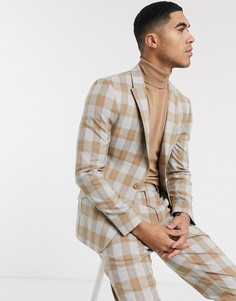 Клетчатый пиджак скинни из ткани с добавлением шерсти ASOS DESIGN-Бежевый