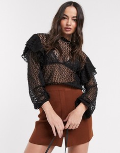 Черная кружевная блузка с оборками River Island-Черный