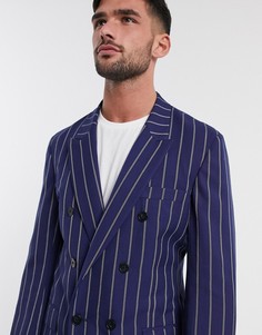 Темно-синий узкий двубортный пиджак в полоску ASOS DESIGN