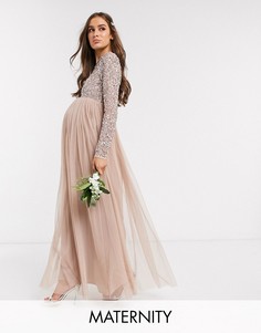 Платье макси с длинными рукавами и пайетками Maya Maternity Bridesmaid-Коричневый