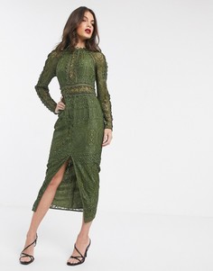 Кружевное платье-футляр с длинными рукавами и фигурной отделкой ASOS DESIGN-Зеленый