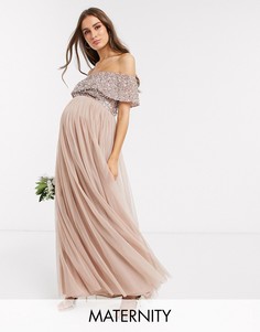 Розовое платье макси из тюля с широким вырезом и однотонными пайетками Maya Maternity Bridesmaid-Коричневый