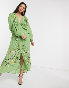 Зеленое платье миди с вышивкой и рукавами "летучая мышь" ASOS EDITION-Зеленый
