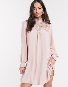 Бежевое свободное платье с кружевной кокеткой River Island-Бежевый