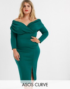 Платье миди со спущенными плечами и сборками ASOS DESIGN Curve-Зеленый