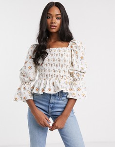Присборенный лонгслив с цветочным принтом ASOS DESIGN-Мульти