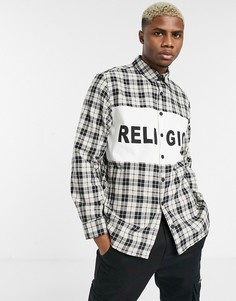 Черно-белая футболка в клетку с логотипом на вставке Religion-Черный