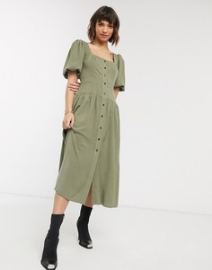 Чайное платье миди цвета хаки с объемными рукавами ASOS DESIGN-Зеленый