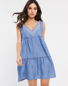 Свободное платье из ткани шамбре с оборками Accessorize-Синий