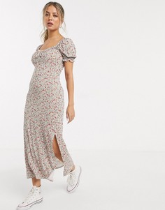 Белое платье миди с пышными рукавами и цветочным принтом Miss Selfridge-Белый