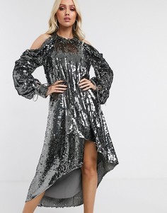 Платье миди на одно плечо с пайетками и драпировкой ASOS DESIGN-Серый
