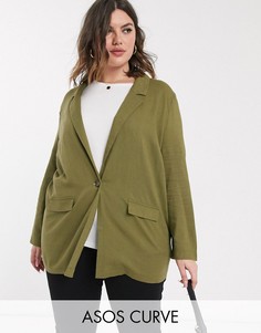 Пиджак из ткани с добавлением льна ASOS DESIGN Curve-Зеленый