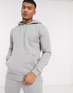Худи серого меланжевого цвета с неоново-зелеными шнурками ASOS DESIGN-Серый