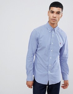 Сине-белая поплиновая рубашка узкого кроя в клеточку с воротником на пуговицах и логотипом Polo Ralph Lauren-Синий