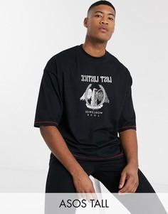 Oversize-футболка из органического хлопка с контрастными строчками и принтом ASOS DESIGN Tall-Черный