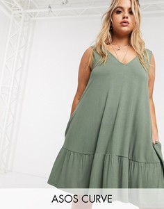 Платье мини цвета хаки с оборкой на подоле и карманами ASOS DESIGN Curve-Зеленый