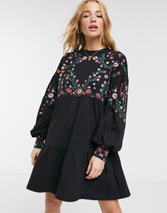Черное свободное платье мини с вышивкой и высоким воротом ASOS DESIGN-Черный